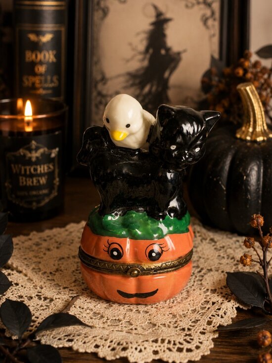Other - Vintage Halloween Ceramic Cat & Pumpkin Trinket Box 3"